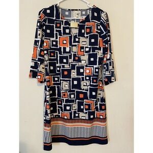 Shift Dress Navy/coral Multicolor, Geometric Small 3/4 Sleeve Casual Office Prep